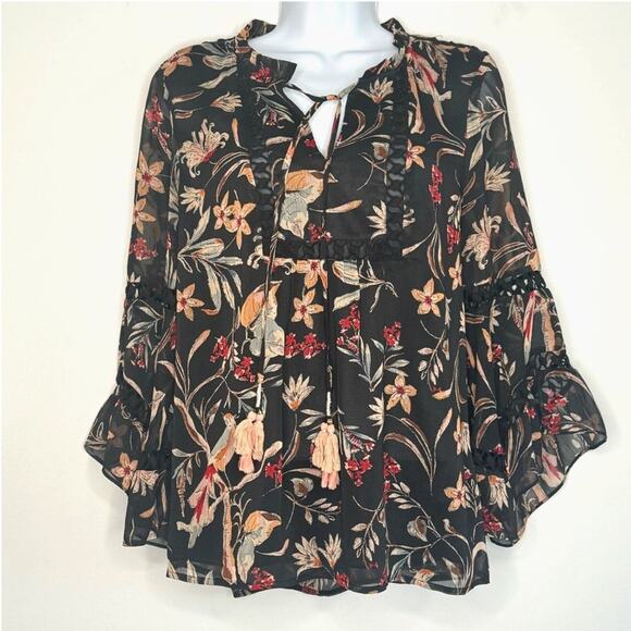 Maeve Anthropologie Women’s Blouse M Black Floral Sheer Boho Bell Sleeve Tassel - Picture 1 of 9